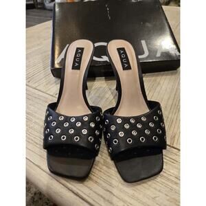 AQUA Women's Black Square Toe Grommet Mid Heel Sandals Size 8.5